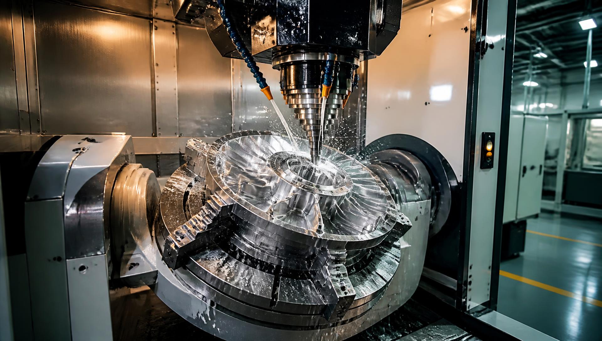 5-axis CNC machining centre cutting a complex metal part on the Guru Machines shop floor